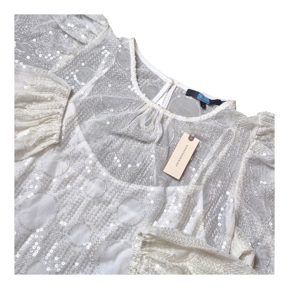 Eva Franco Women's M White Sheer Sequin Blouse Long Sleeve Anthropologie NWT